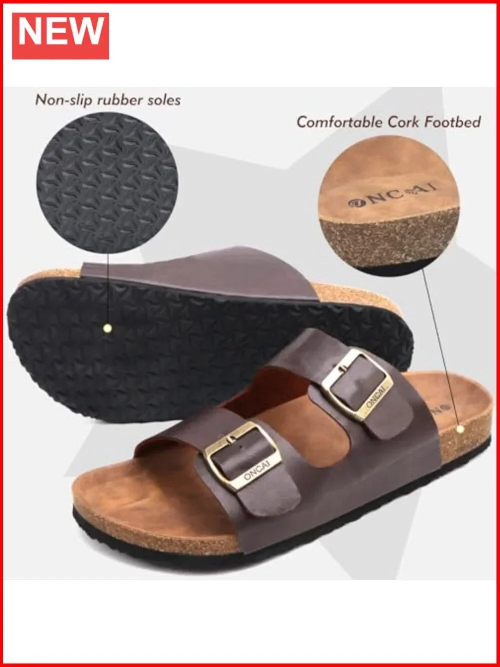Men's Slide Sandals with Adjustable Buckle Straps Cork Footbed